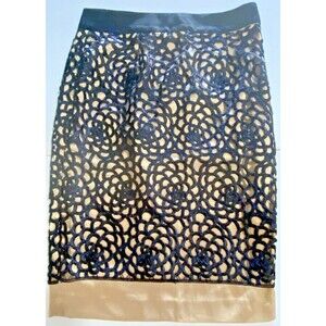 BYSI Women's Skirt Pencil Floral Lace Black Gold Shiny Back Slit Zip size M